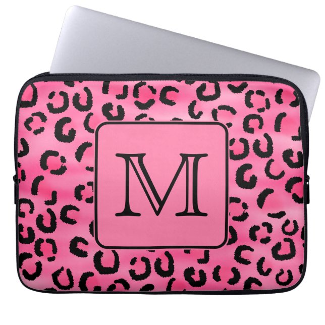 Bright Pink Leopard Print Custom Monogram. Laptop Sleeve (Front)