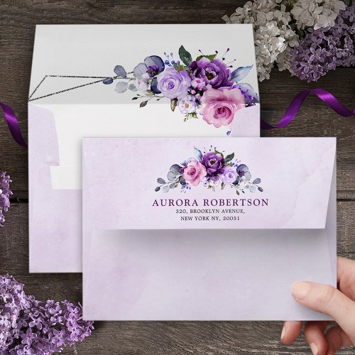 Bright Pink Lilac Purple Shades Flowers Wedding  Envelope