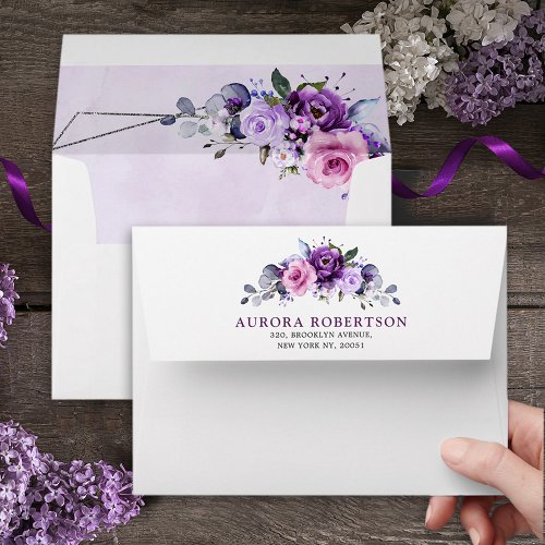 Bright Pink Lilac Purple Shades Flowers Wedding  Envelope