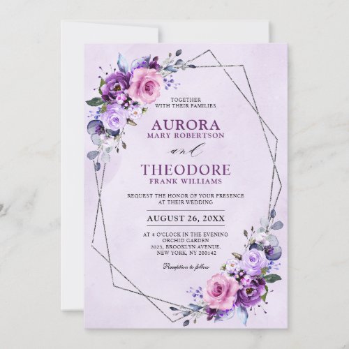 Bright Pink Lilac Purple Shades Flowers Wedding    Invitation