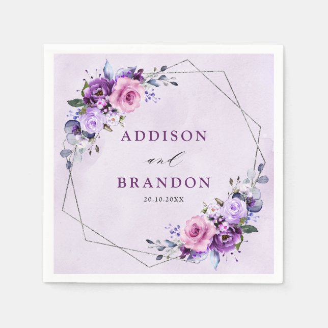 Bright Pink Lilac Purple Shades Flowers Wedding Napkins (Front)
