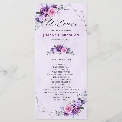 Bright Pink Lilac Purple Shades Flowers Wedding  Program