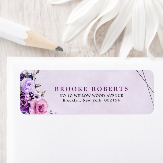 Bright Pink Lilac Purple Shades Watercolor Flowers Label (Insitu)