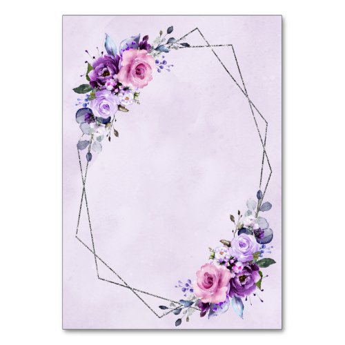 Bright Pink Lilac Purple Shades Watercolor Flowers Table Number