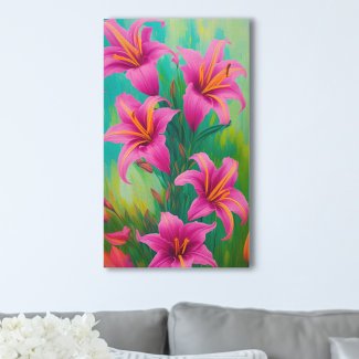 Bright Pink Lilies on Green Digital Oil Painting
