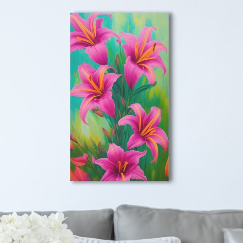 Bright Pink Lilies on Green Digital Oil Painting Canvas Print