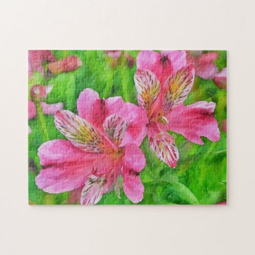 Bright Pink Lily Flowers Tropical Art Puzzle