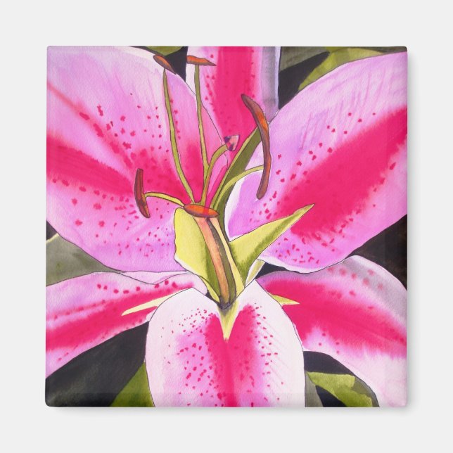 Bright pink lily Tenerife flower art magnet (Front)