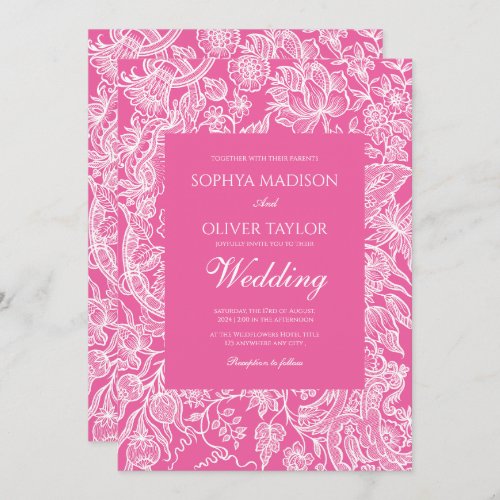 Bright Pink Line Art Wildflower  Invitation
