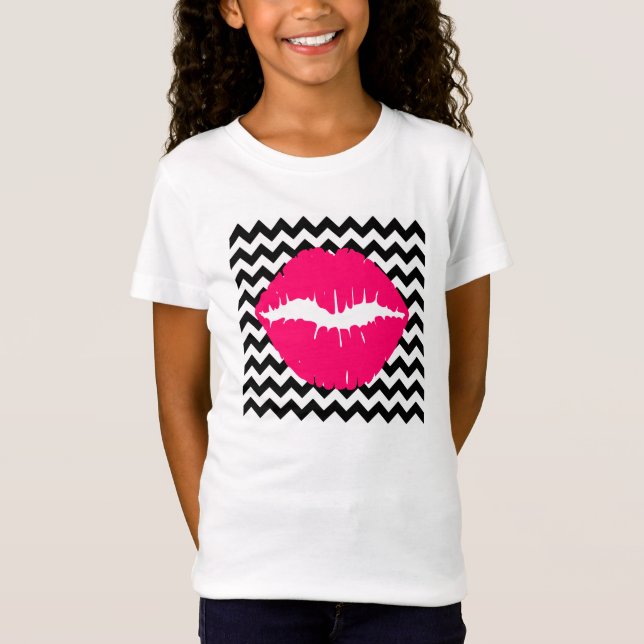 Bright Pink Lips on Black and White Zigzag T-Shirt (Front)