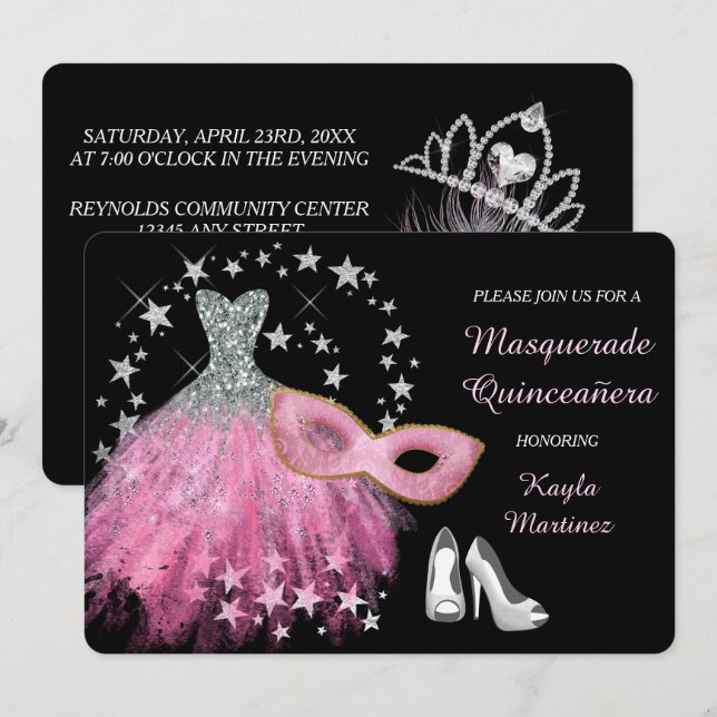 Bright Pink Masquerade Quinceanera Invitation (Front/Back)