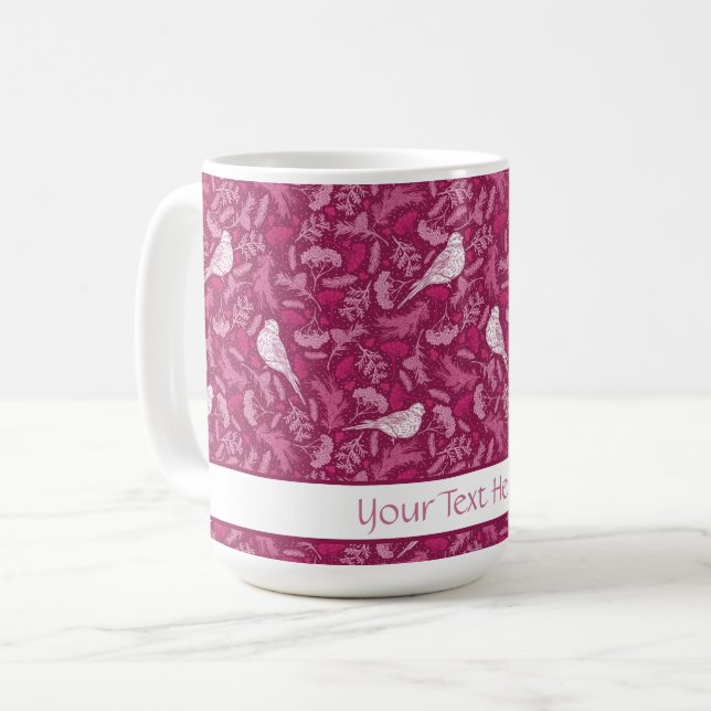 Bright Pink Mauve Winter White Bird Floral Pattern Coffee Mug (Front Left)