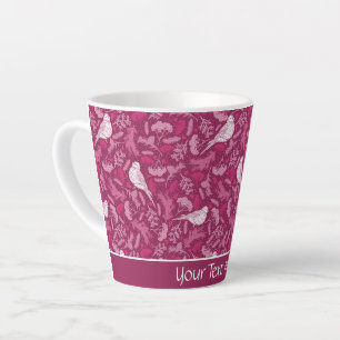 Bright Pink Mauve Winter White Bird Floral Pattern Latte Mug