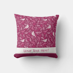Bright Pink Mauve Winter White Bird Floral Pattern Throw Pillow