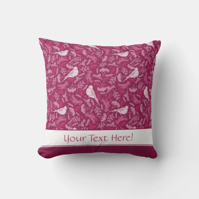 Bright Pink Mauve Winter White Bird Floral Pattern Throw Pillow (Front)