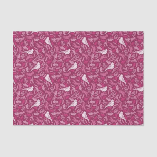 Bright Pink Mauve Winter White Bird Floral Pattern Tissue Paper (Front)