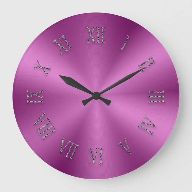 Bright Pink Metallic Clock with Roman Numbers (Front)