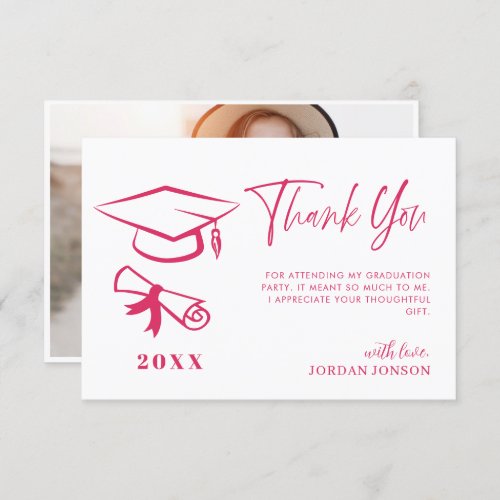 Bright Pink Minimalist Modern Graduation Photo Thank You Card