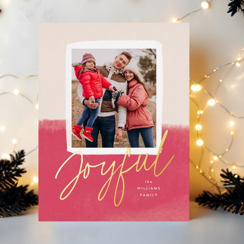 Bright Pink Modern Joyful Script Christmas Photo Foil Holiday Postcard