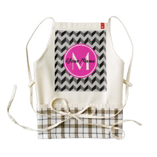 Bright Pink Monogram Black and Gray Chevron Patter Zazzle HEART Apron