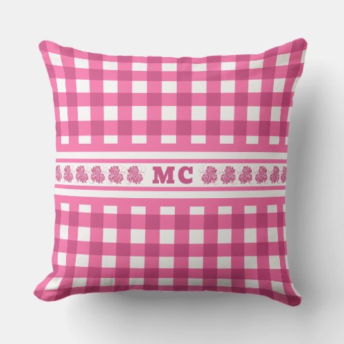 Bright Pink Monogram Gingham Girly Plaid Outdoor Pillow