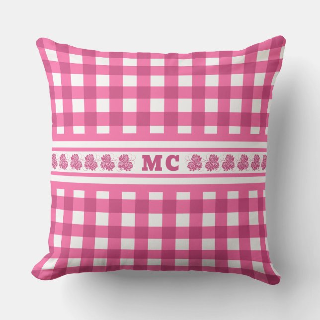 Bright Pink Monogram Gingham Girly Plaid Outdoor Pillow (Front)
