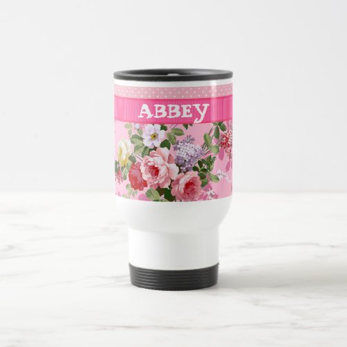 Bright Pink Monogram Vintage Floral Polka Dots Travel Mug