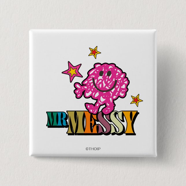 Bright Pink Mr. Messy | Sparkling Stars Pinback Button (Front)