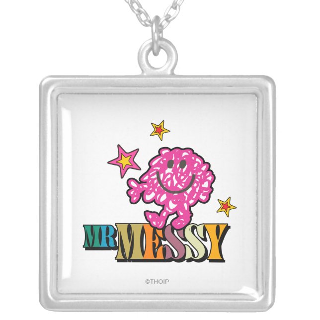 Bright Pink Mr. Messy | Sparkling Stars Silver Plated Necklace (Front)