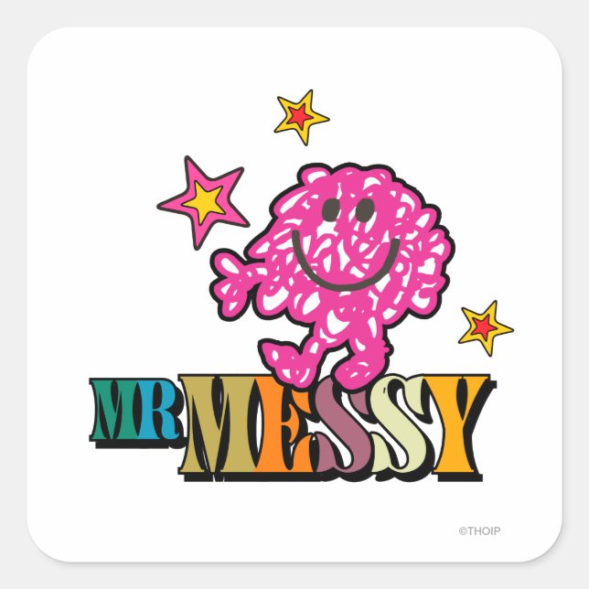Bright Pink Mr. Messy | Sparkling Stars Square Sticker (Front)