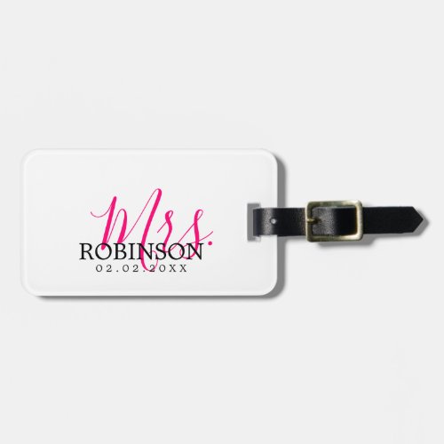 Bright Pink Mr  Mrs Last Name Luggage Tag