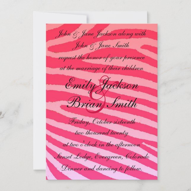 Bright pink neon zebra stripes wedding invitations (Front)