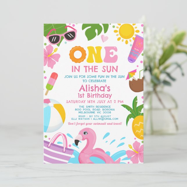 Bright Pink One In The Sun Pool Party 1st Birthday Invitation (Standing Front)