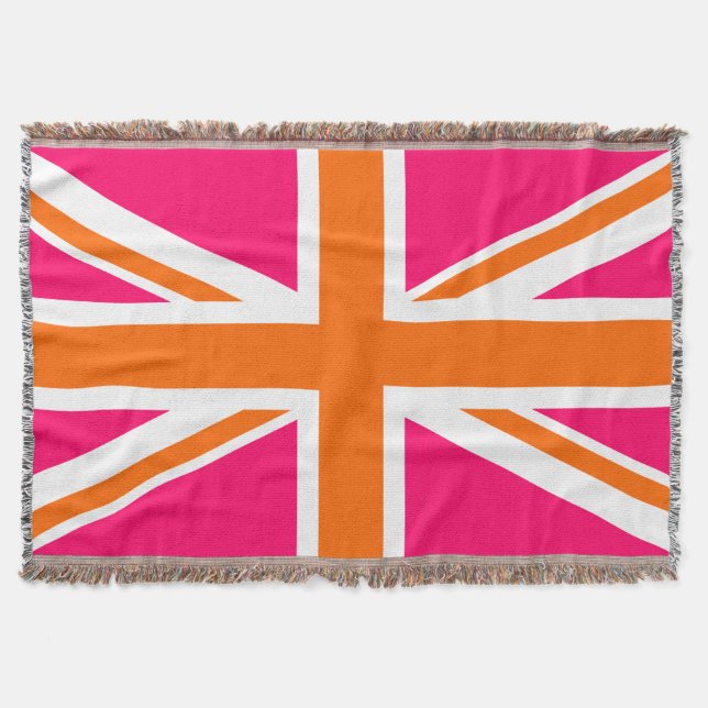 Bright Pink Orange and White Union Jack Throw Blanket (Front)