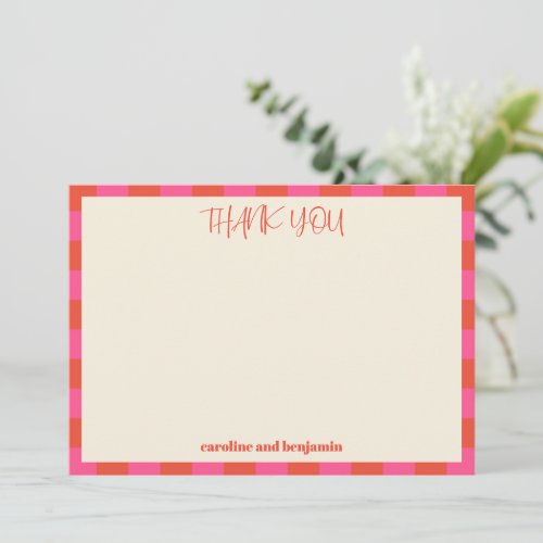 Bright Pink Orange Checkerboard Personalized Names Thank You Card