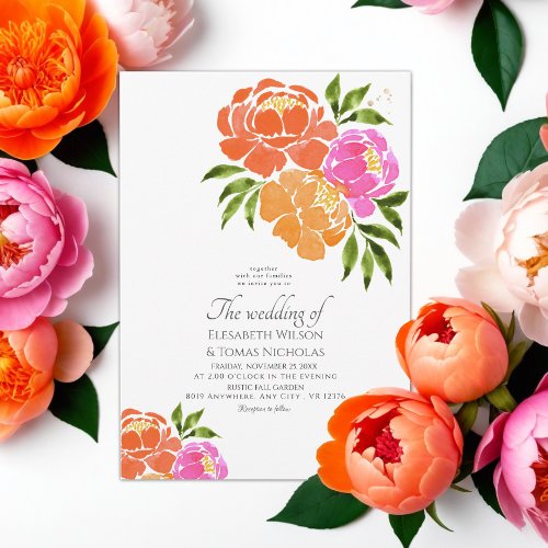 Bright Pink Orange Coral Floral Summer Wedding Invitation