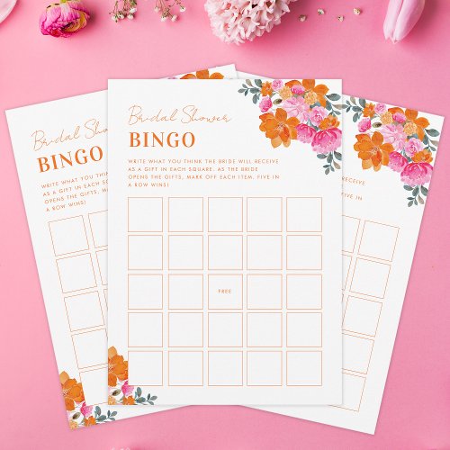 Bright Pink Orange Floral Bridal Shower Bingo Game Invitation