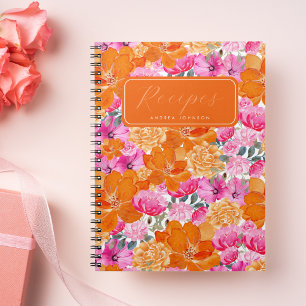 Bright Pink & Orange Floral Bridal Shower Recipes Notebook