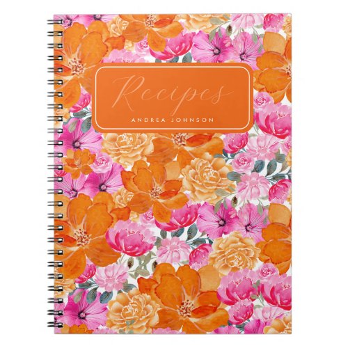 Bright Pink  Orange Floral Bridal Shower Recipes Notebook