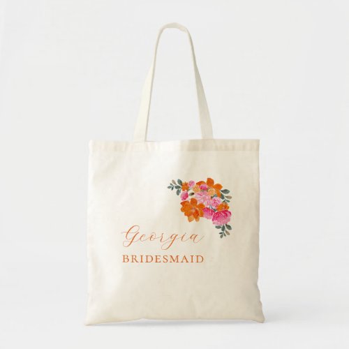 Bright Pink Orange Floral Bridesmaid Name Wedding Tote Bag
