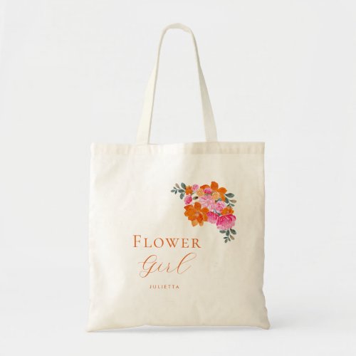 Bright Pink Orange Floral Flower Girl Name Wedding Tote Bag