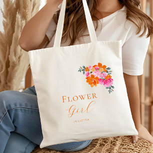 Bright Pink Orange Floral Flower Girl Name Wedding Tote Bag