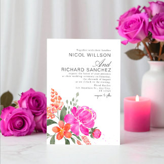 Bright Pink & Orange Floral Wedding Invitation