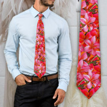 Bright Pink Orange Hawaiian Plumeria Print Neck Tie