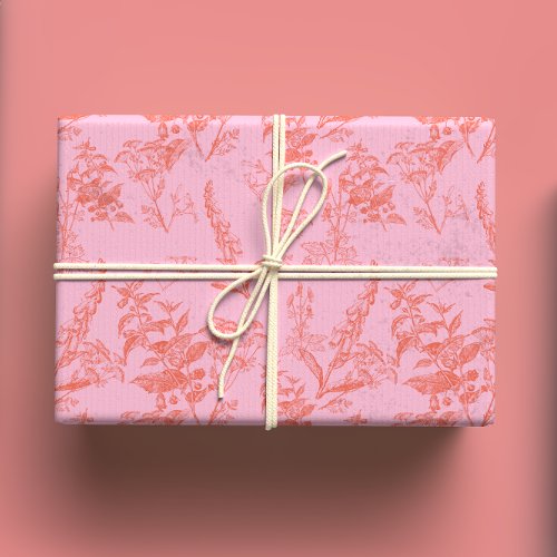 Bright Pink  Orange Neon Vintage Wildflower  Wrapping Paper Sheets