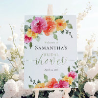 Bright pink orange peony bridal shower welcome