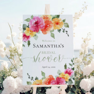 Bright pink orange peony bridal shower welcome foam board