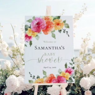 Bright pink orange peony girl baby shower welcome foam board