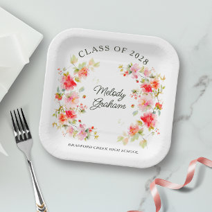 Bright Pink Orange Red Floral Class of Graduation Paper Plates