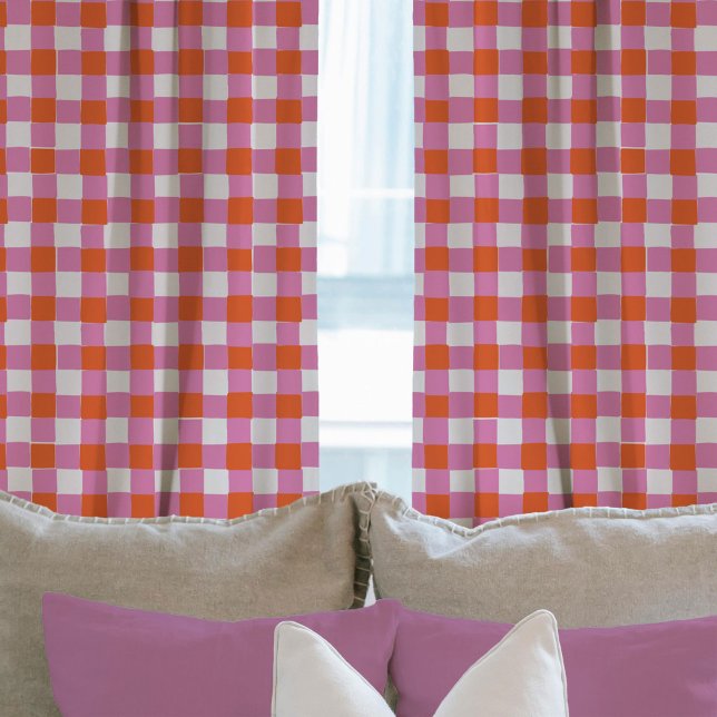 Bright Pink Orange Red Hand-Drawn Checkered Plaid  Sheer Curtains (Bright Pink Orange Red Hand-Drawn Checkered Plaid Curtains)